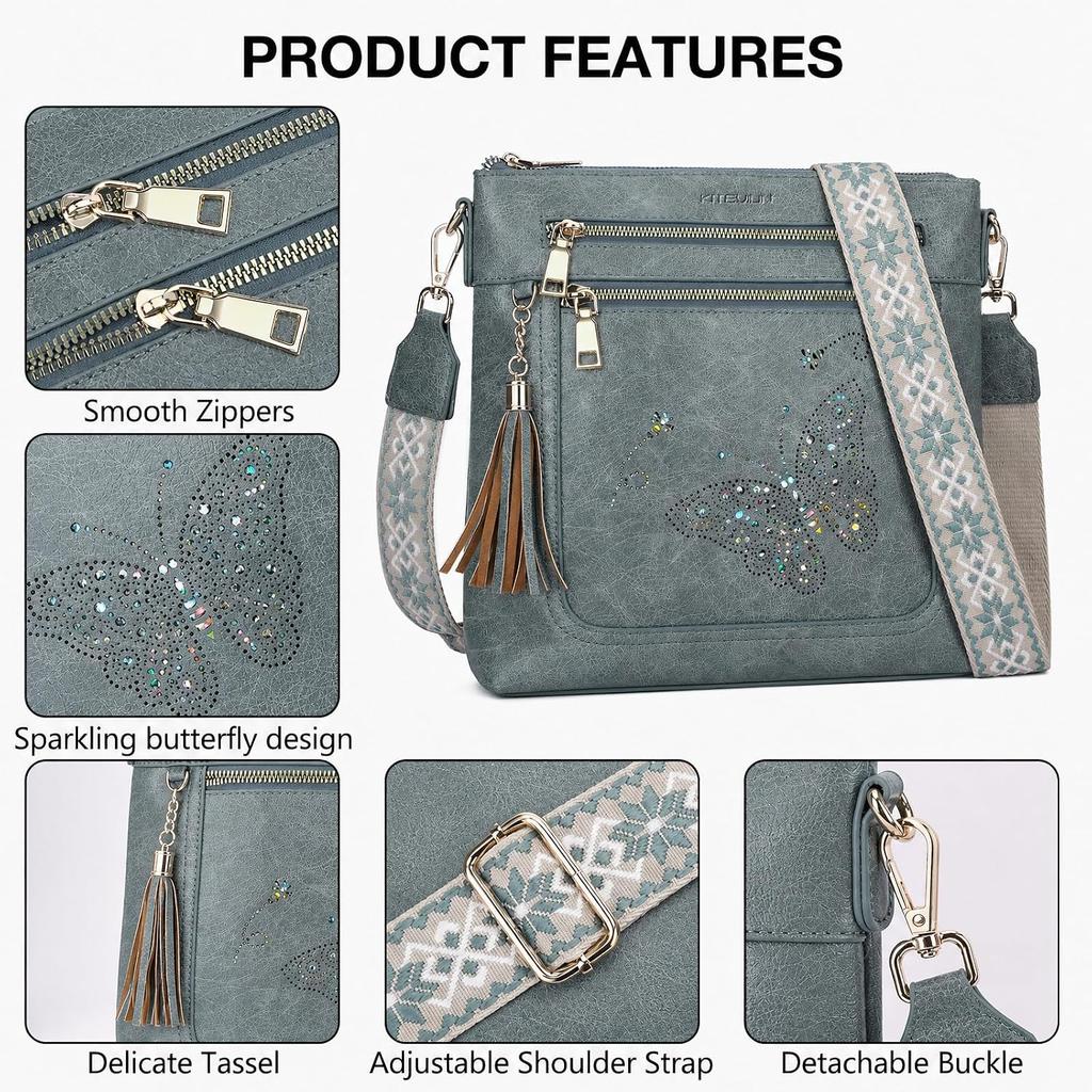 KITEVIUN Medium Crossbody Bags for Women, Butterfly Cut-out Sparkling Shoulder Handbag, Crossbody Purse with Tassel