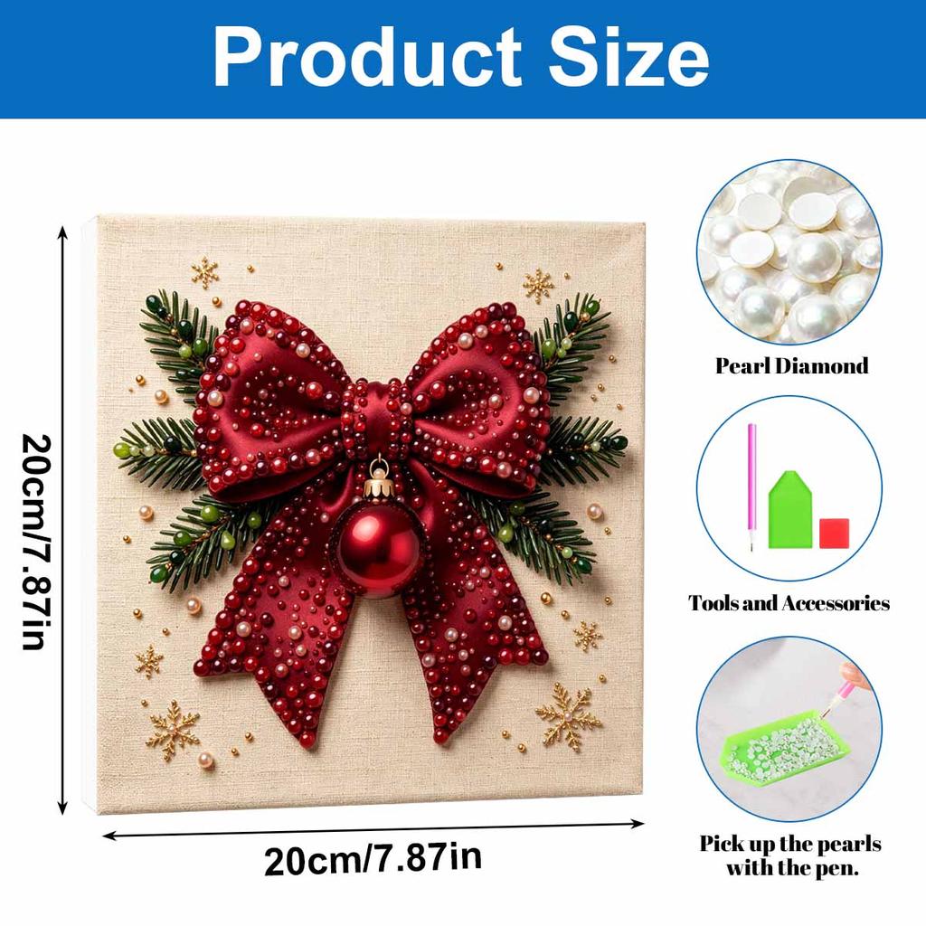 DIY 5D Pearl Painting Kit Framed with Red Christmas Bow Ornament Sparkling Bead Canvas Art Creative Gift for Holiday Room Decor