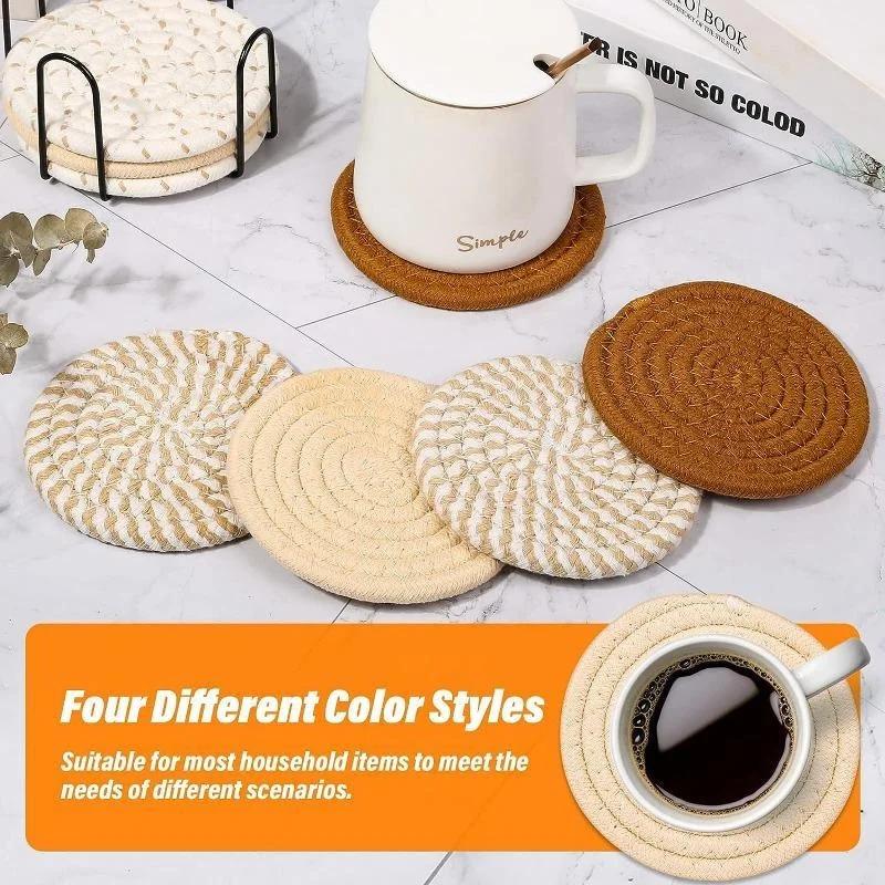 Sottobicchiere bohémien da 8 pezzi con supporto, tovaglietta in cotone, sottopentola termoisolante, tovaglietta da tavola minimalista in cotone e lino, 4,3 pollici