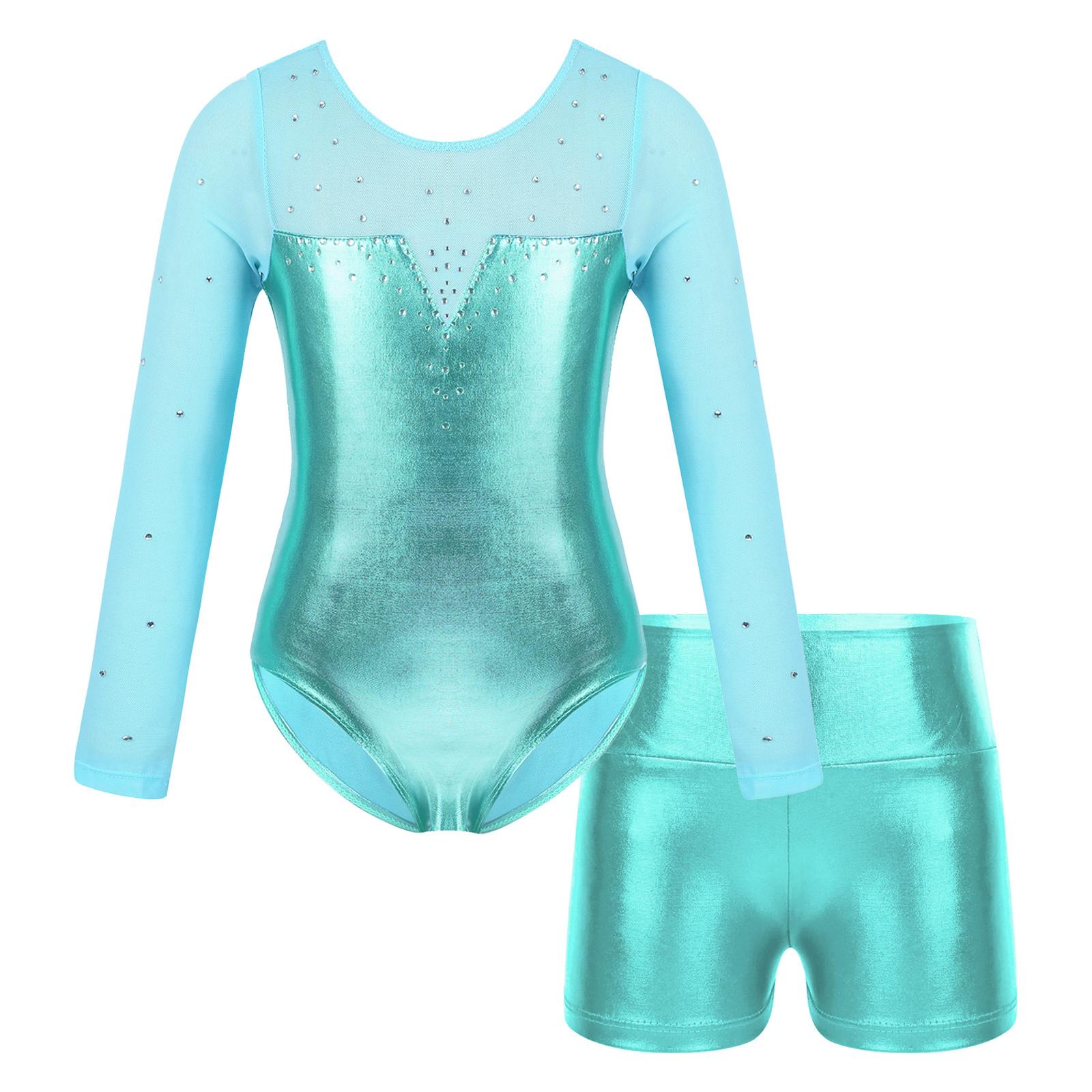 

Girls Metallic Leotard Long Sleeve Rhinestone Patchwork Design High Waist Shorts Performance Set 3-4 Years озеро синього кольору