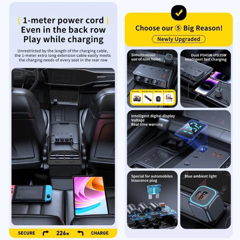 Universal 12V 24V Vehicle Charger Spliter Supporting PD3.0 For Quick Charge Of Phones Laptops Tablets Safely