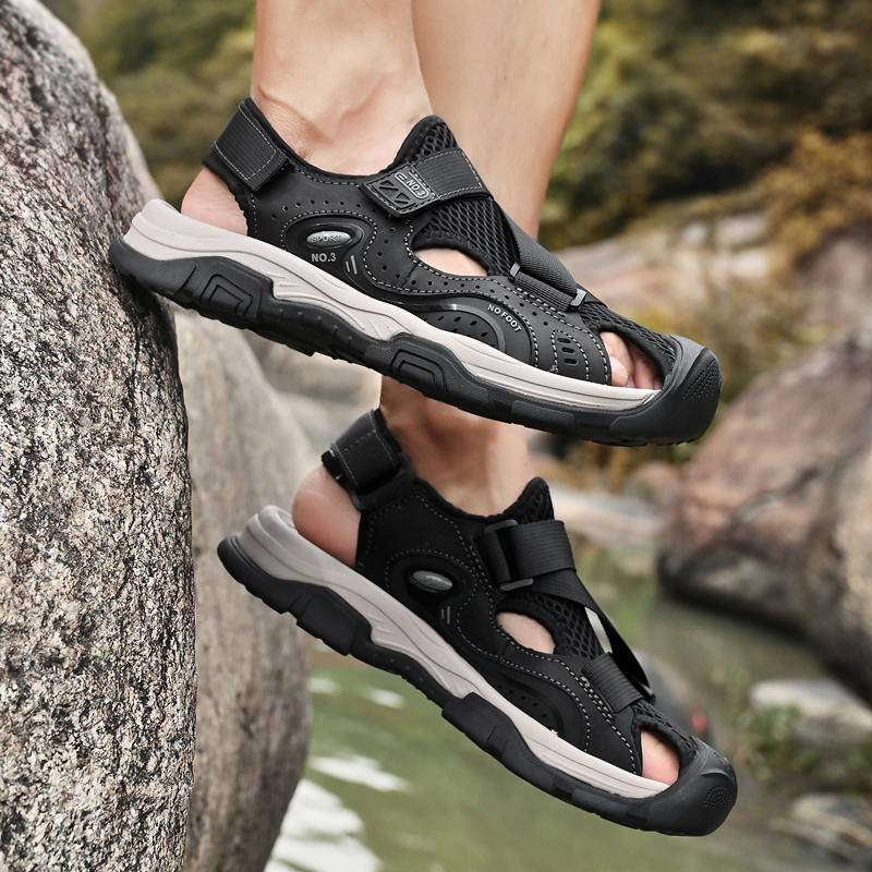 Sandals Men's Tide Summer New Style Leather Toe Cap Outdoor Leisure Sports Hollow Sandals Beach Shoes Handmade Mesh Men Shoes 46
