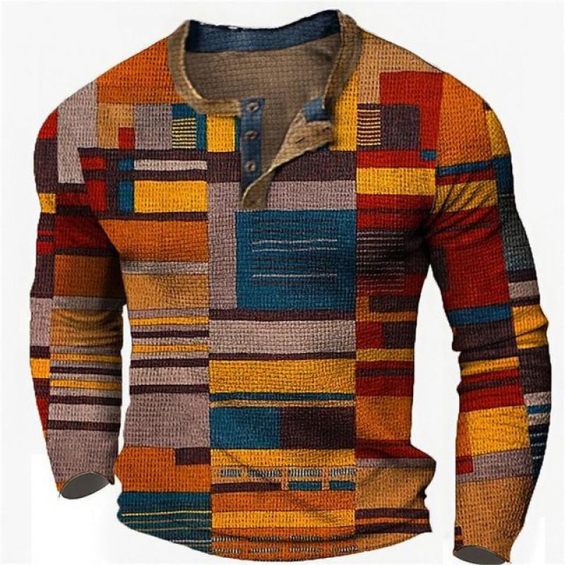 Men's New Long Sleeve T-Shirt 3D Printed Patchwork Color Casual Fashion Open Front 3 Button T-Shirt
