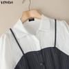 VONDA Womens Fake Two Piece Patchwork Long Sleeve Striped Casual Dress