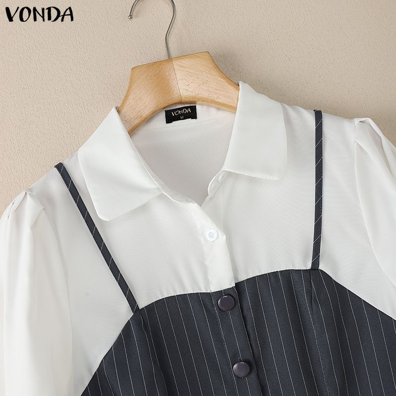 VONDA Womens Fake Two Piece Patchwork Long Sleeve Striped Casual Dress