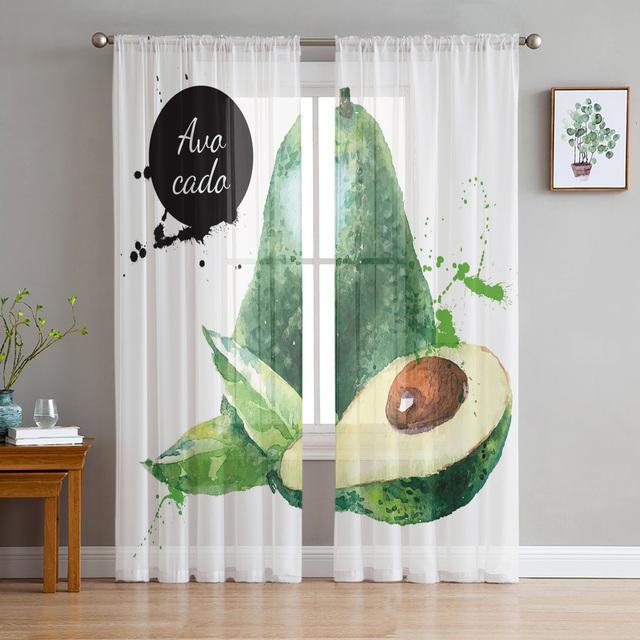 Avocado Green Cute Fruits Cartoon Tulle Curtains For Living Room Bedroom Decor Transparent Chiffon Sheer Voile Window Curtain