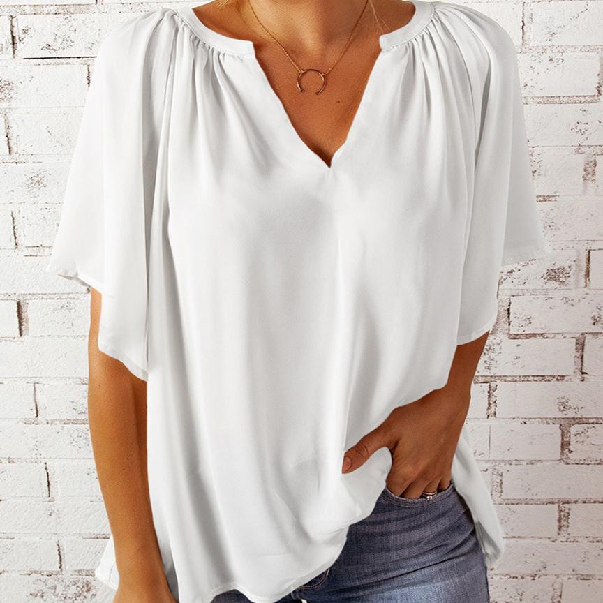 Summer Women Fashion Solid Color Chiffon T-shirt Loose Folds Casual Top