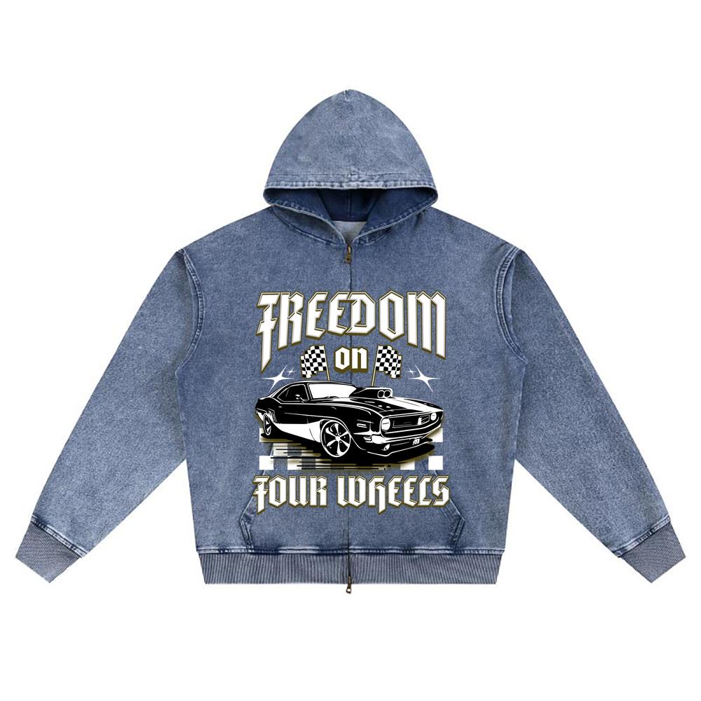 DTG Print Knitted Denim Zip-Up Hoodie Freedom On Four Wheels Brother Print Zipper Hoodies  
