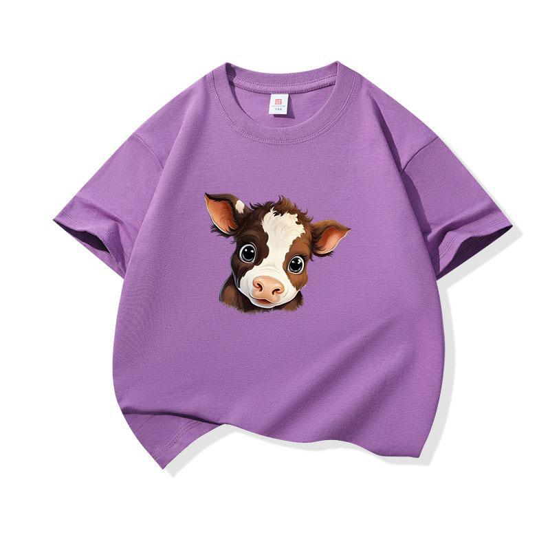 Kids Pure Cotton T Shirt Adorable Brown Baby Cow Print Crew Neck Short Sleeve Tee Casual Boys Girls Summer Tops