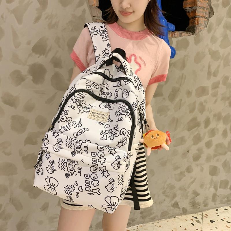 Japanese Small Fresh Personality Graffiti Junior High School Student Schoolbag Women'S Large Capacity Casual Strawberry Bear Printed Backpack