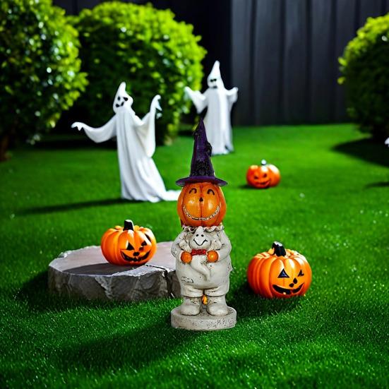 Yousheng Halloween Smiling Pumpkin Man Statue Spooky Wizard Hat Pumpkin Holding Ghost Resin Figurine Sculpture Party Home Desktop Decoration Ornament