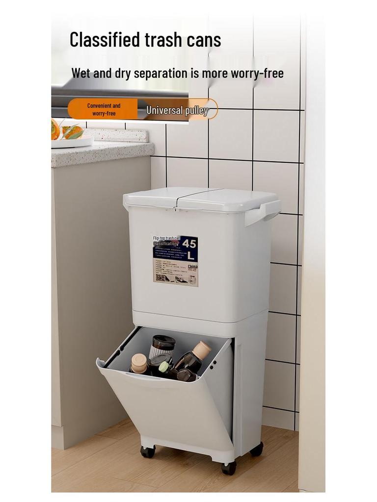 Large Capacity Double Layer Movable Kitchen Trash Bin with Dry/Wet Separation