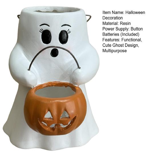 Ghost Bucket Candy Holder Lighted Halloween Treat Bucket Ghost Holding Light-up Pumpkin Lantern Bucket for Party Favors Trick or Treat