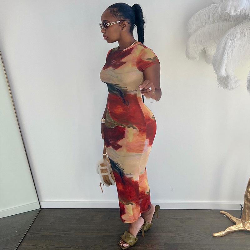 European and American Style Fashionable Printed Round Neck Pullover Short Sleeved Skirt with Hip Wrap, Elegant Casual Dress