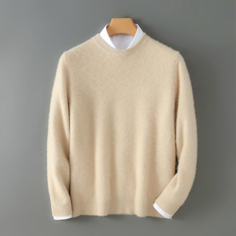 Men s 100% Wool Thick Knit Round Neck Sweater - Solid & Versatile for Fall/Winter XXXL