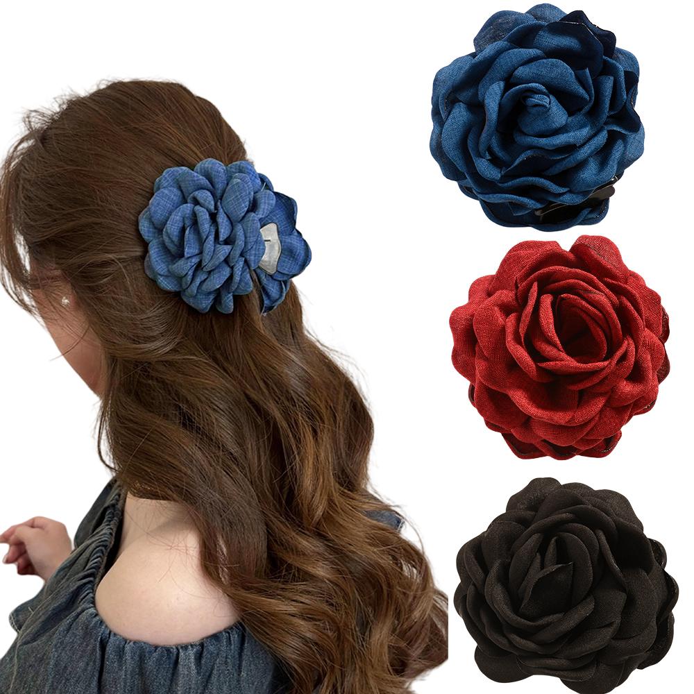 2/3 PCS New Solid Color Fabric Rose Flower Hair Claw for Women Girls Barrette Elegant Shark Clips Set Headwear Accessories Gifts