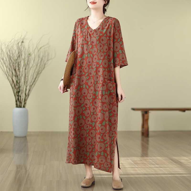 Literary Retro Vacation Style Enlarged Thin V-neck Long Skirt