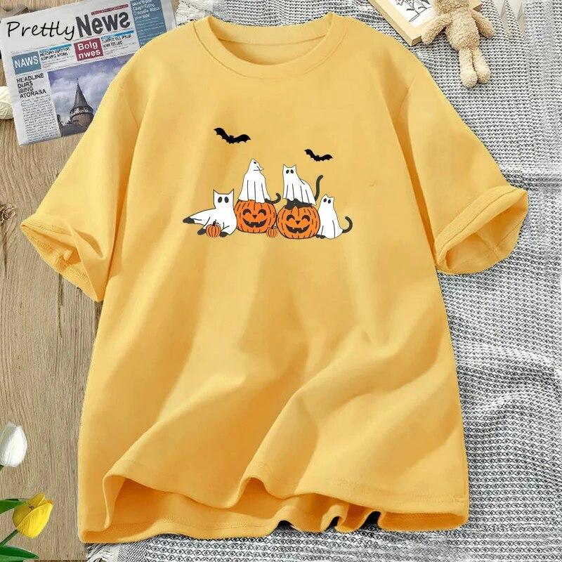 

Футболка с изображением кота-призрака на Хэллоуин, женская забавная милая хлопковая футболка с коротким рукавом, осенняя футболка с тыквой, круглый вырез, женская одежда, топы унисекс 4XL