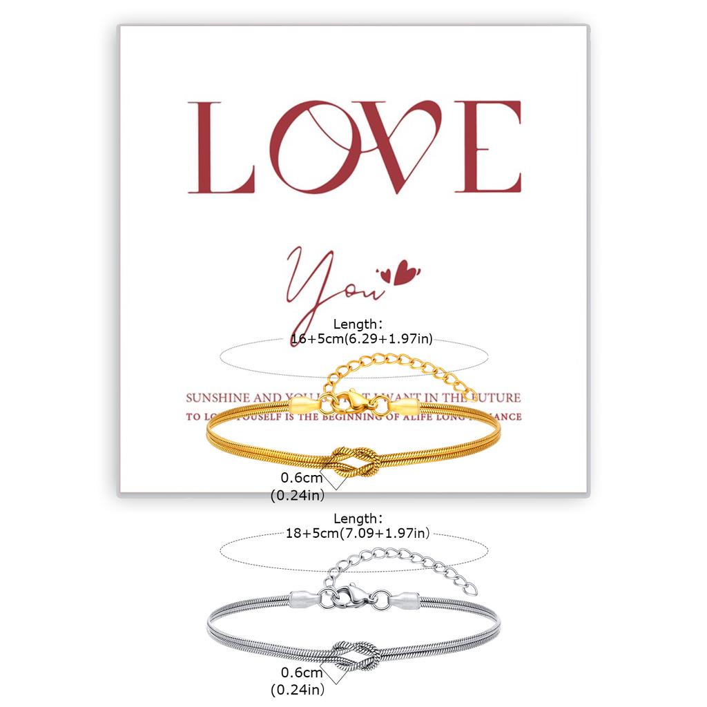 Vnox Two Layers Snake Chain Adjustable Couple Bracelets for Women Men, Stainless Steel Love Knot Wristband, Valentine's Day Gift