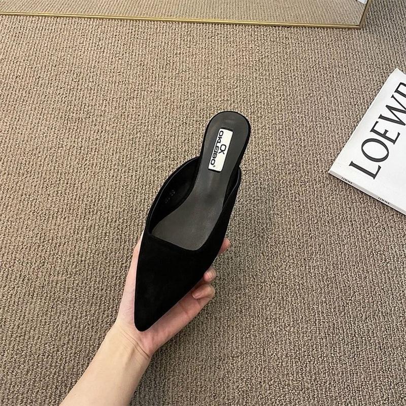 Fashion Women Slippers Pointed Toe Leopard Design Shallow Slip On Thin Low Heels Black Flock Design Casual Mules Loafers Black Outdoor