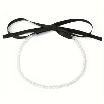 Vintage Long Bowknot Design Clavicle Ribbon Chain Necklace Lace-up Velvet with Faux Pearl Necklace