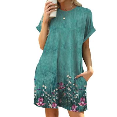 Women's Spring and Summer New Loose Round Neck Short Sleeve Printed Pocket Dress In Stock