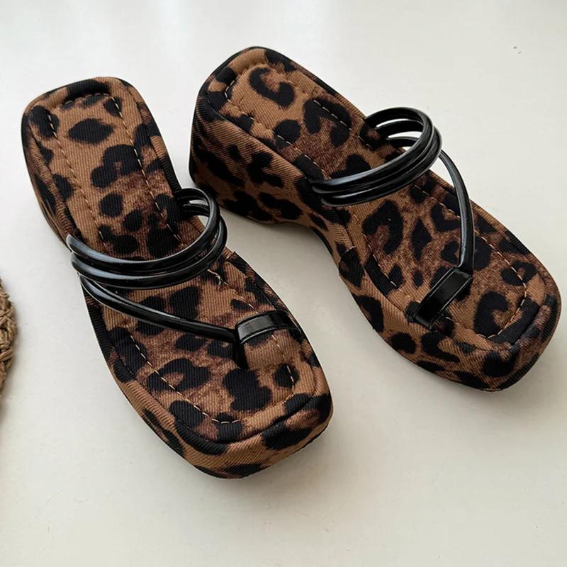 Fashion Leopard High Heels Women Slippers Platform Fashion Shoes Clip Toe Woman Sandals 2025 Summer Trend Designer Dress Mujer Zapatos