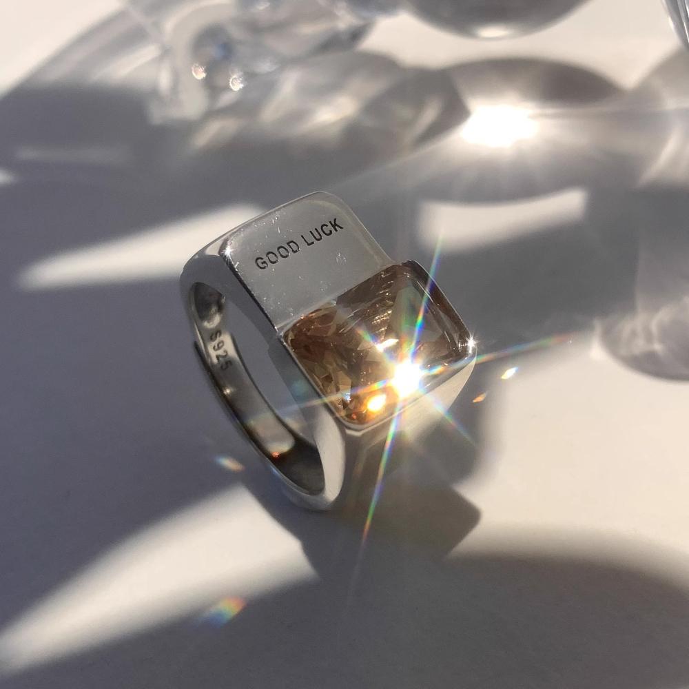 Fashion Letter Good Luck Letter Square Crystal Stainless Steel Opening Couple Rings for Women Men Luxury Charm Finger Jewelry