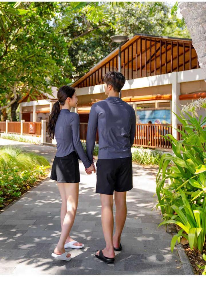 Women's Slim-Fit Three-Piece Swimsuit: Boy Shorts, Long-Sleeved Top, Tummy Concealing. Men's Two-Piece: Perfect for Couple Swimwear.