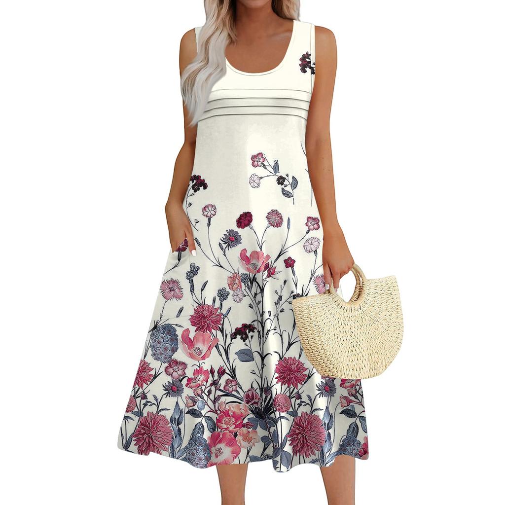Women's Fashion Round Neck Sleeveless Pleated Beach Dress With Pockets Long Floral Dresses