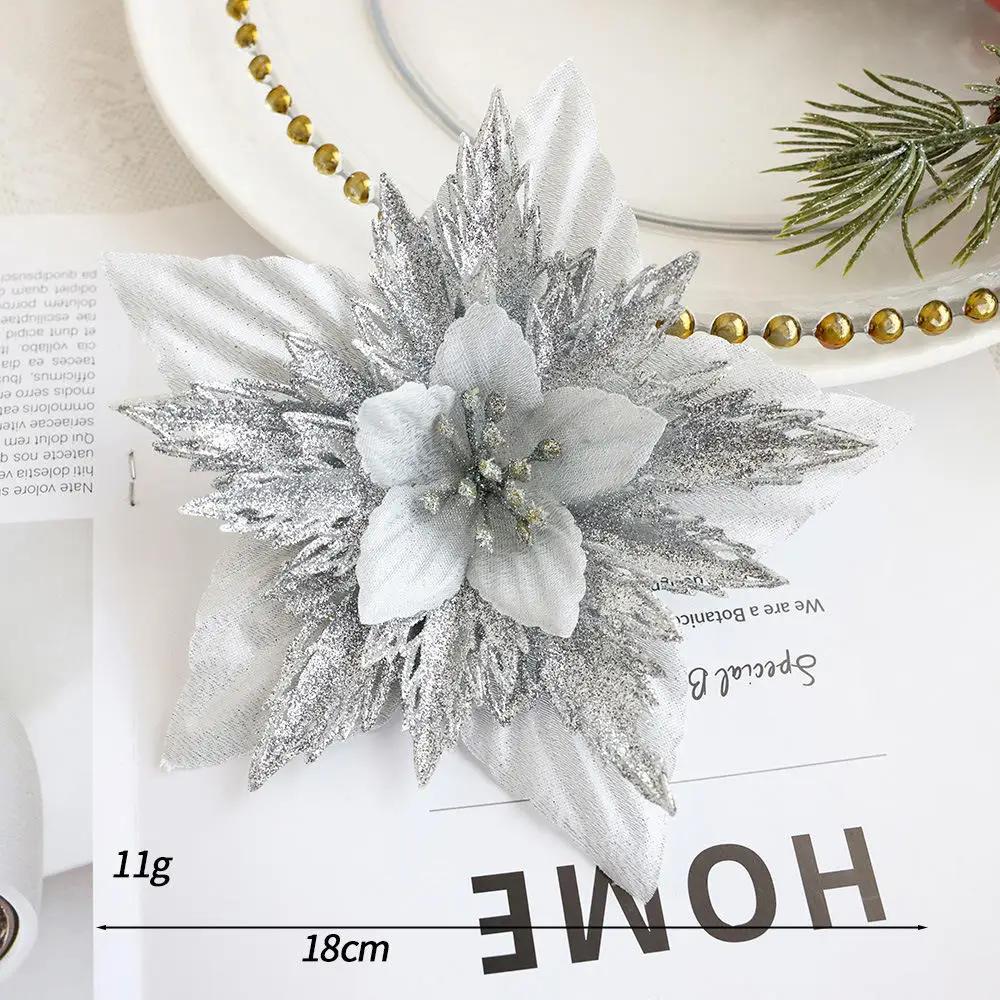 

Різдвяні штучні квіти Прикраси Блискучі Фальшиві Квіти Золоті Червоні Підвіски на Ялинку Великі Головки Квітів Дім Navidad Святковий Декор срібний