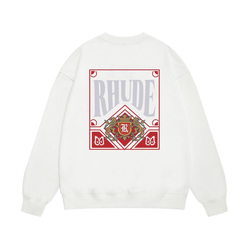 New Men's RHUDE Letter Print Loose Terry Round Neck Hoodie