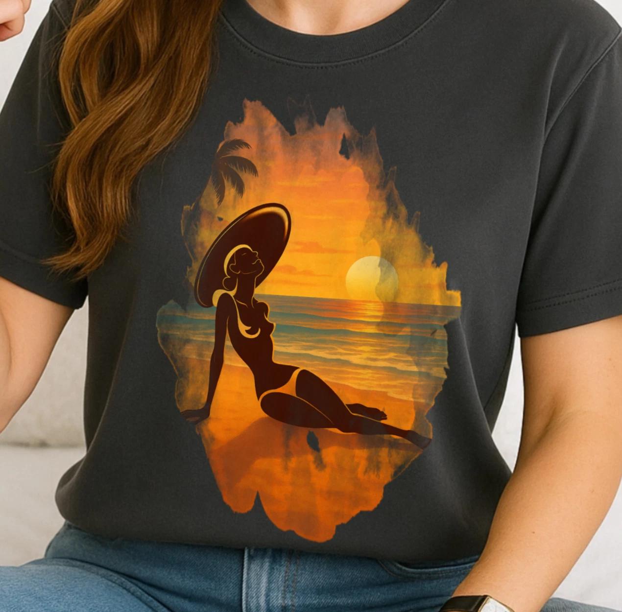 Beach Sunset T-Shirt | Ocean Wave Silhouette Tee, Vacation Shirt, Coastal Art 3XL