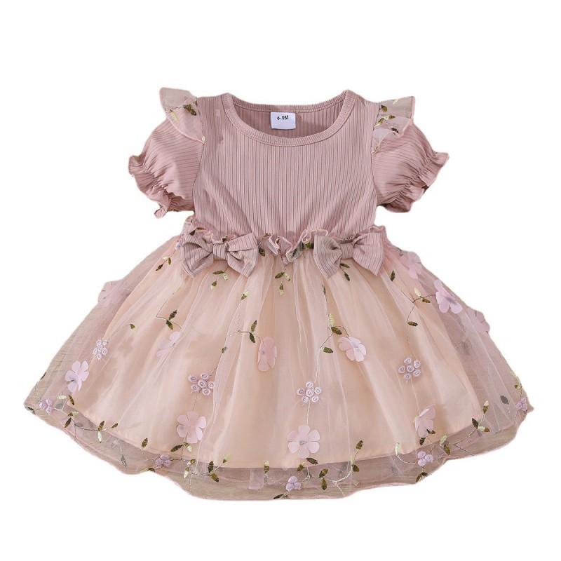 Girls Princess Dress Kids Short Sleeve Mesh Party 3-8 Years Old