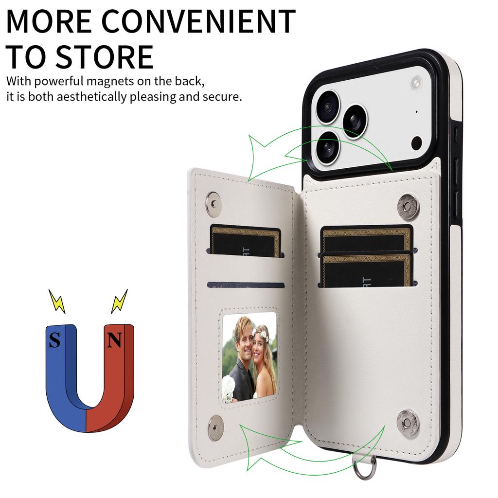 For iPhone 17 Pro Max Case Card Bag Kickstand Leather Coated TPU Phone Cover with Wrist Strap