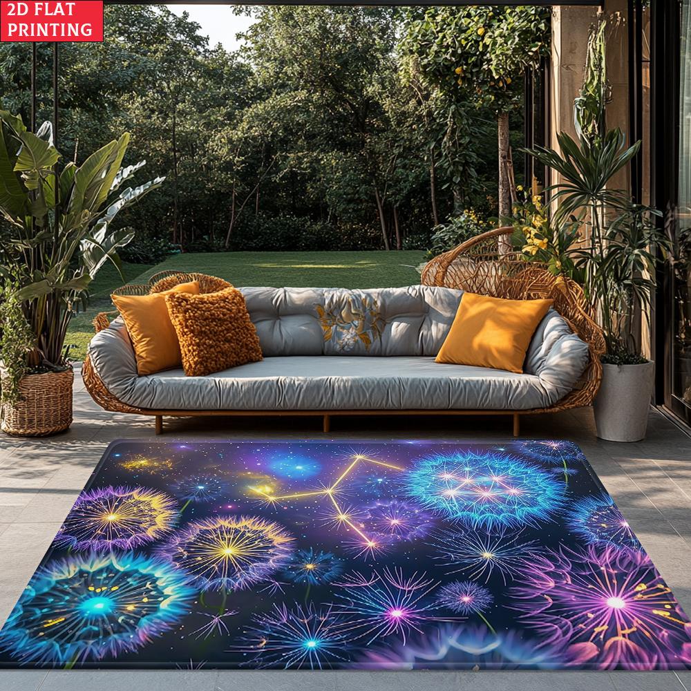 Glowing Dandelion Galaxy Area Rug, Neon Constellation Carpet for Living Room, Non-slip Starry Sky Floor Mat for Bedroom Decor