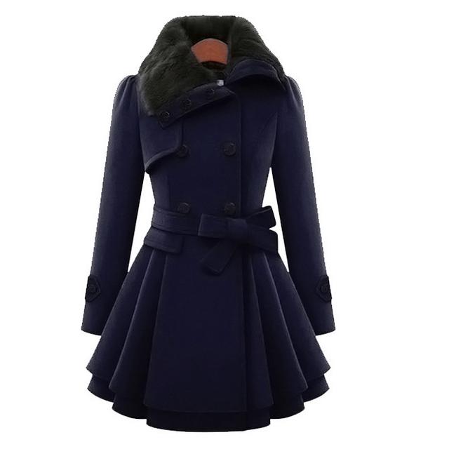 Women Vintage Woolen Coat Slim Trench Coats Lady Fur Collar Winter Woolen Coat Jackets Outwear
