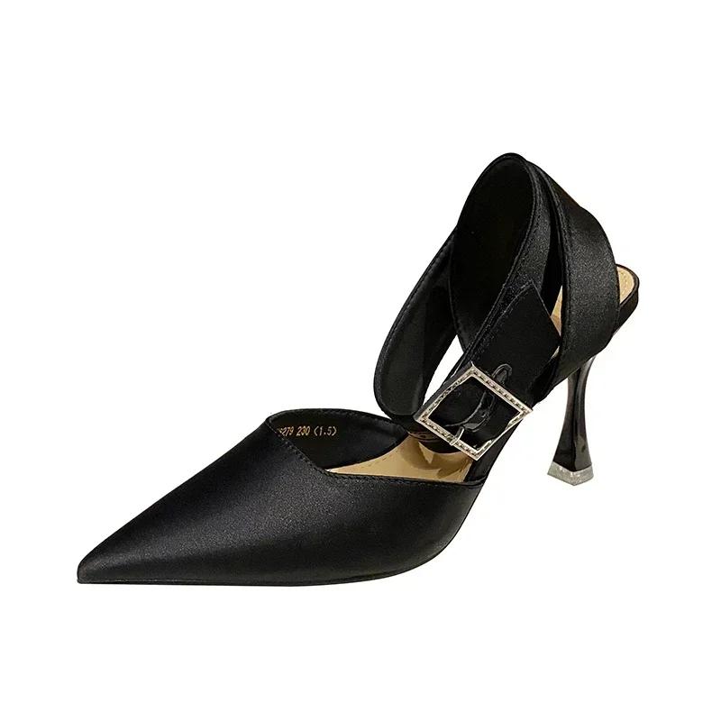 

Fashion New Luxury Women s Sandals Sexy High Heels Temperamental Pointed Satin Baotou Square Buckle Rhinestone Party Shoes Summer 39 чёрный