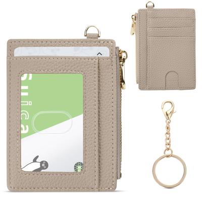 Ganve Women's Pass Case with Keychain, Leather and Synthetic Leather, Stylish Card Case, Slim 5mm, Double-Sided Coin Purse, Holds 6 ID Cards, Cute