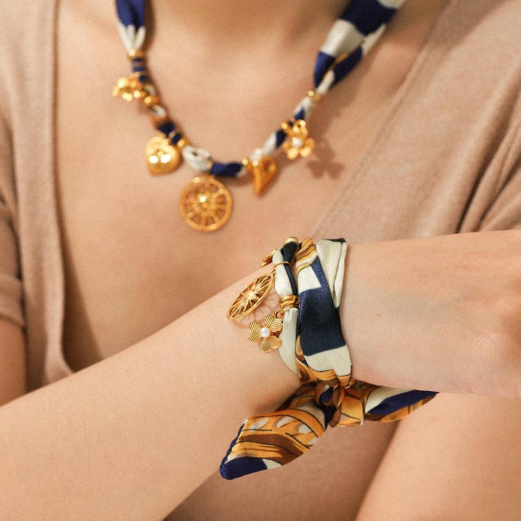 European & American Autumn/Winter Silk Scarf Series: Sun Pendant Stainless Steel Necklace & Light Luxury High-End Bracelet.