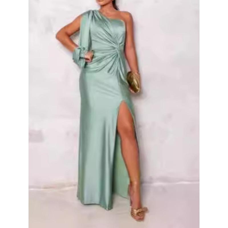 Summer New Women's Clothing Diagonal Collar Shoulder Sleeve Pleated Waist Split Sexy Dress