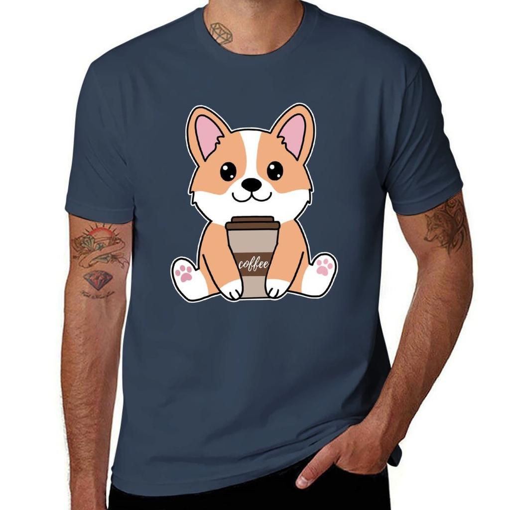 Kawaii Corgi Holding A Cup Of Coffee TShirt T Shirt Personalised TShirt