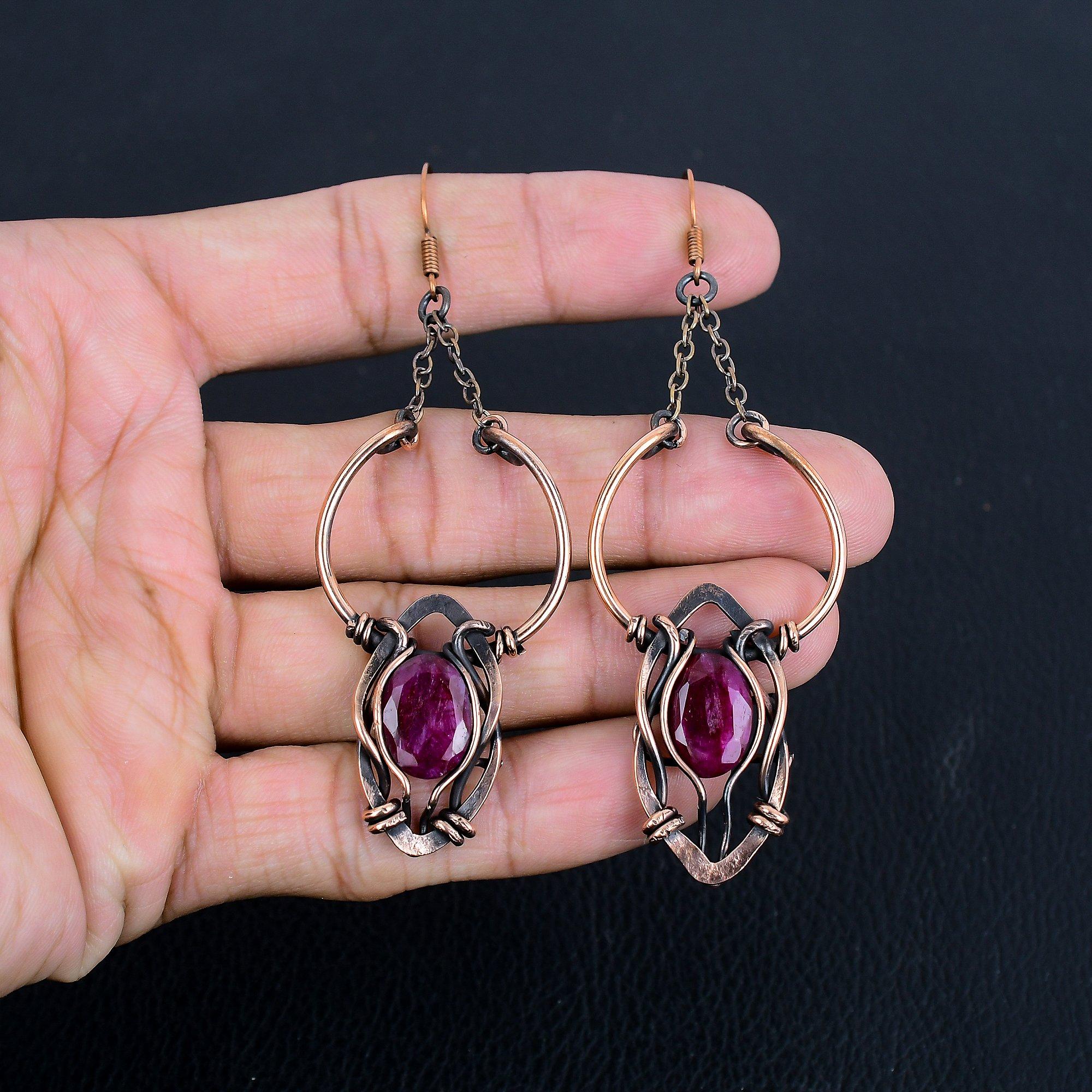 

Рубиновые серьги Ювелирные изделия из драгоценных камней, Серьги ручной работы, обернутые медной проволокой 999 пробы, Ювелирные изделия новейшего дизайна 2.55 Inches