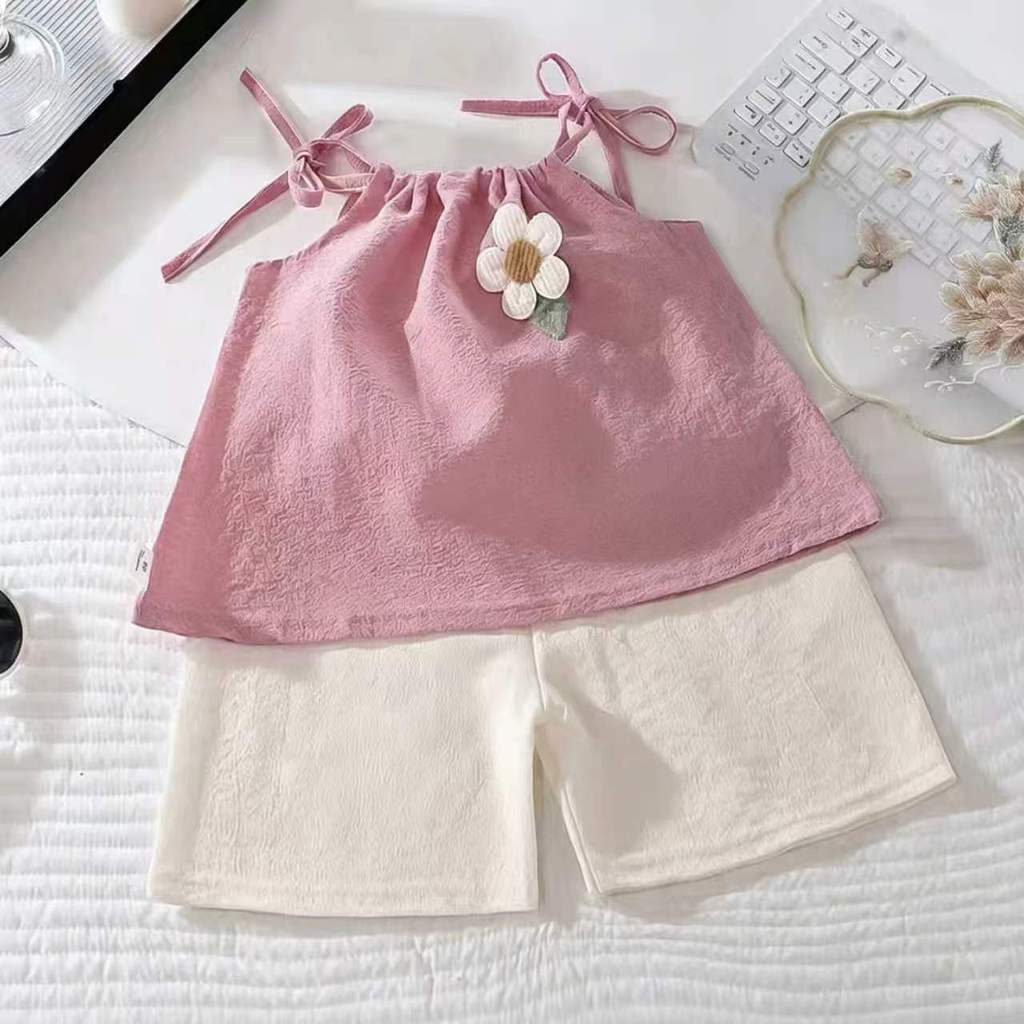Summer Girl Floral Sleeveless Twopiece Set With Soft Polyester Fabric For Kids