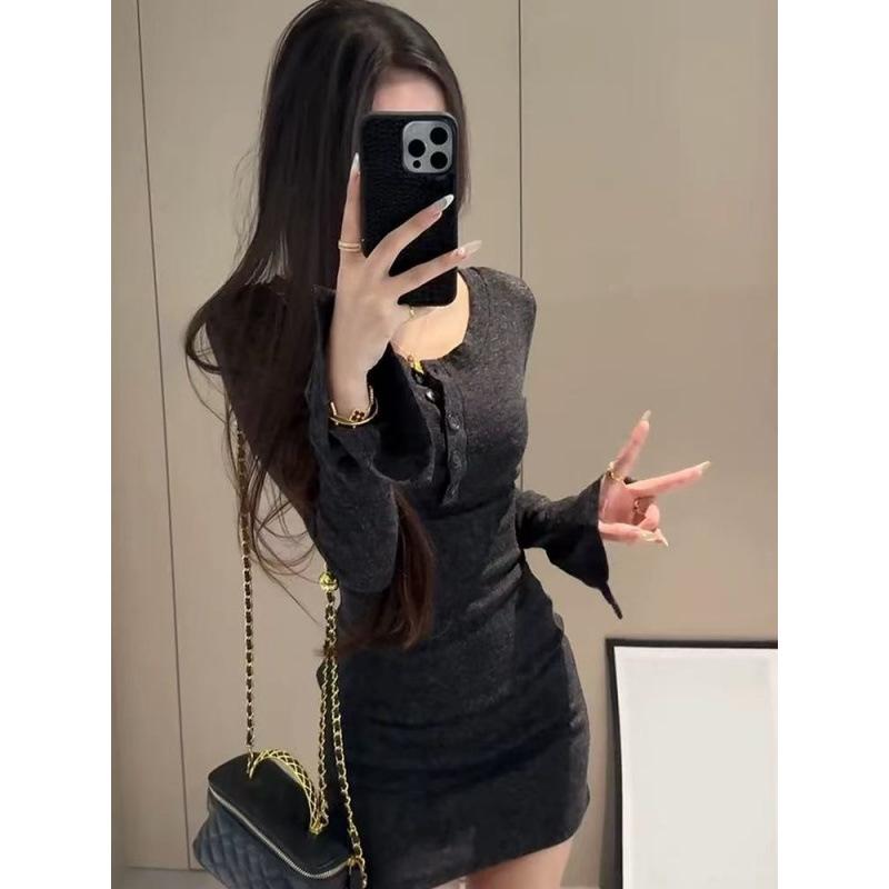 New half-button retro long-sleeved dress for women, waist and thin, sexy slim-fitting hip-wrapped short skirt