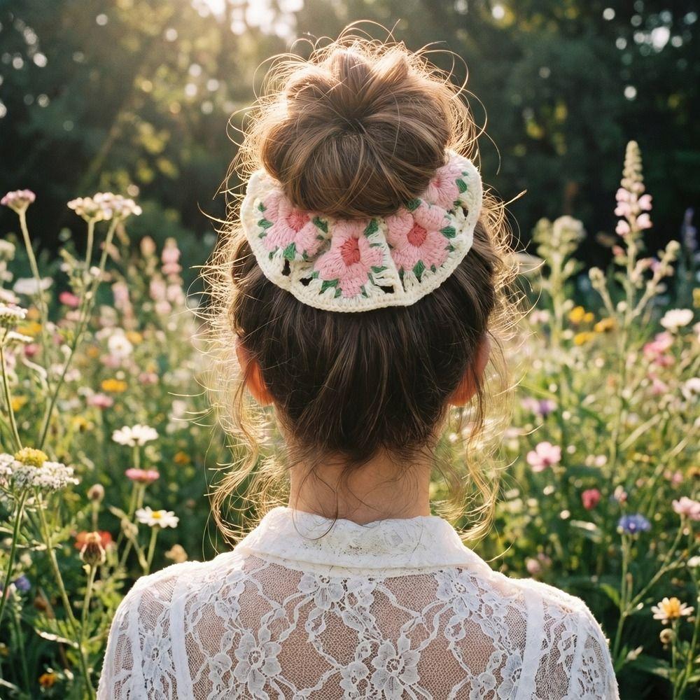 Bohemian Style Knitted Hair Rope Flores Ponytail Hair Band Crocheted Flower Scrunchies  Women