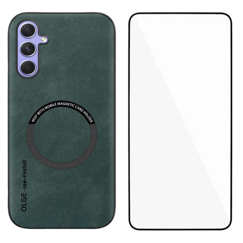 WANLONFENG YBP Series For Samsung Galaxy A34 5G Magnetic Case with Tempered Glass Film PU+TPU Phone Cover Large Cutout