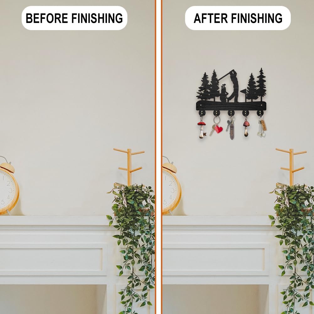 MAYJOYDIY Golf Coat Racks Wall Mounted Wood Golf Clubs Tree Key Hangers for Wall 11.8×7.9inch Black Key Holder 5 Alloy Hooks Home Decor Gifts