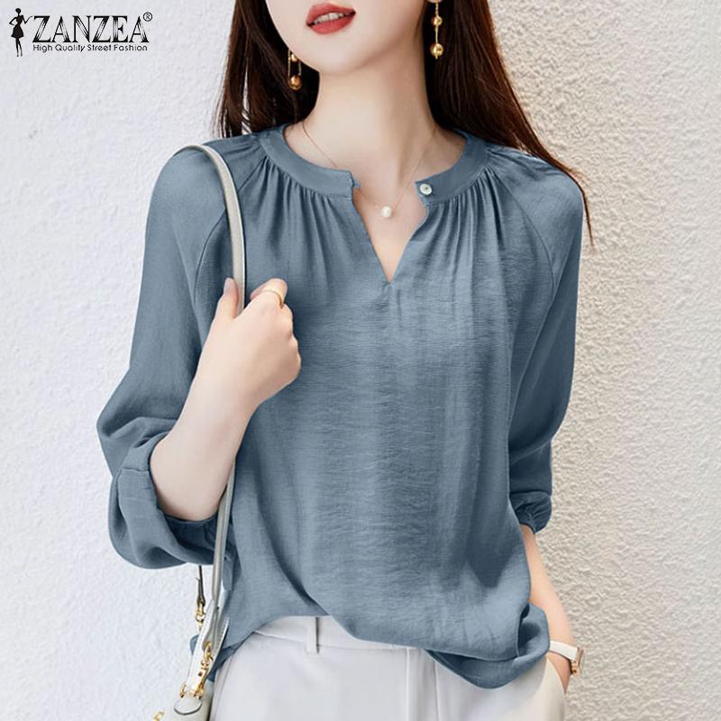 

ZANZEA Женская свободная повседневная блузка с круглым вырезом и длинными рукавами