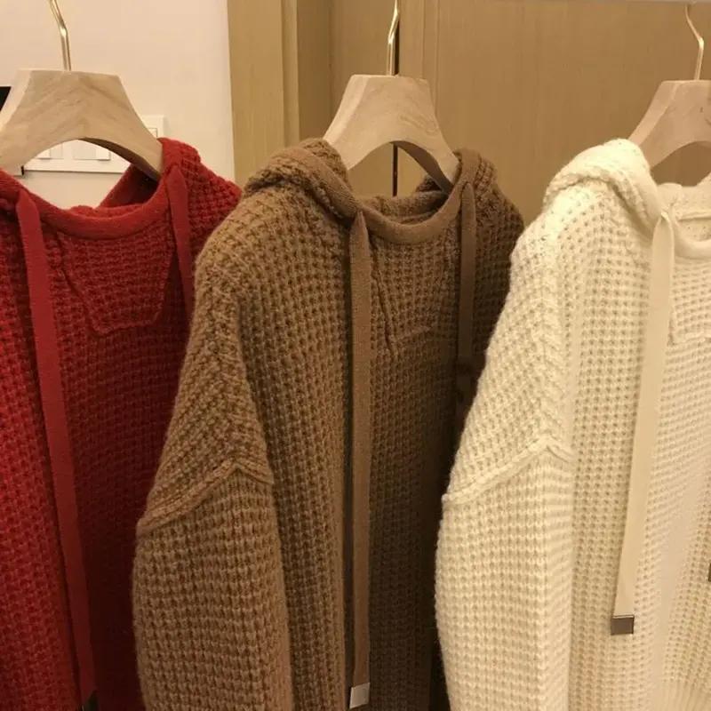 Sweaters Coat Cardigan for Women Winter Oversize Fleece Hooded Solid Color Loose Long Sleeve Knit Sweaters Coat